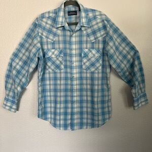 Blue Plaid Pearl Snap Cowboy Western Shirt L